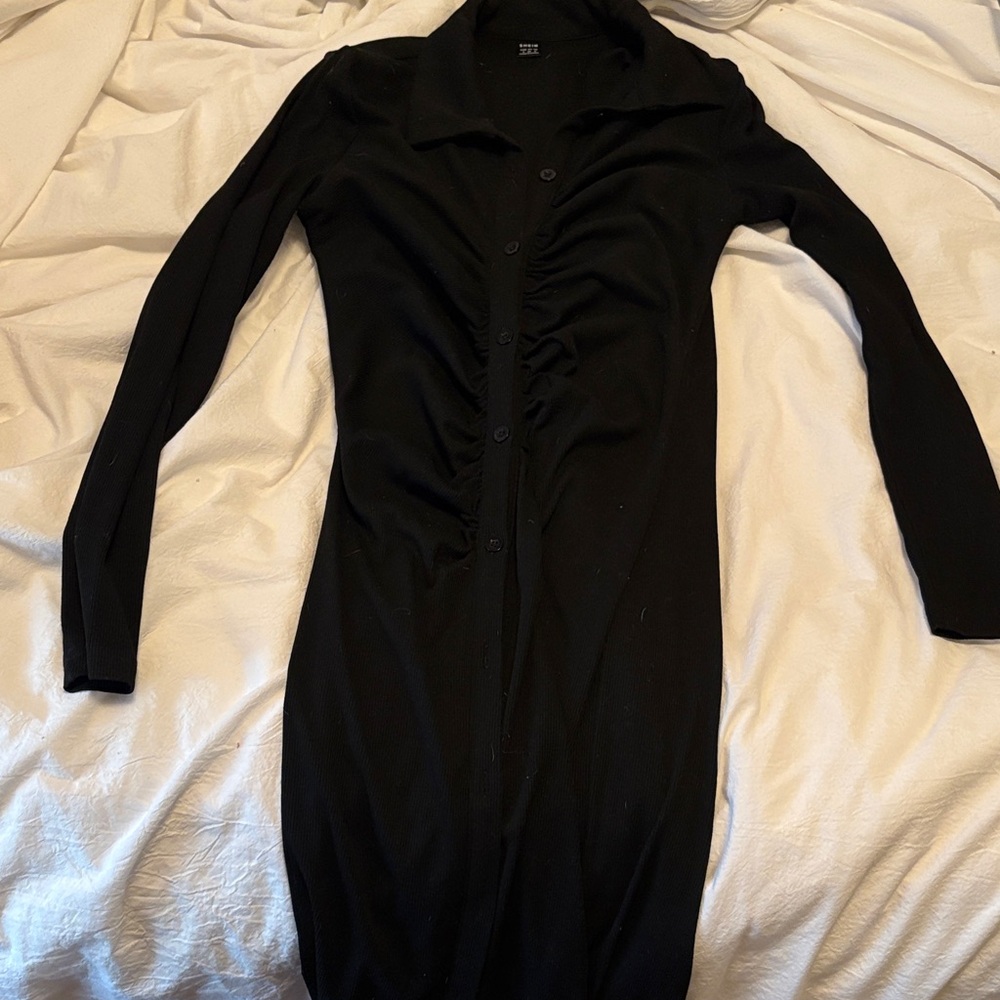SHEIN Black Ruched Button-Front Long Sleeve Dress